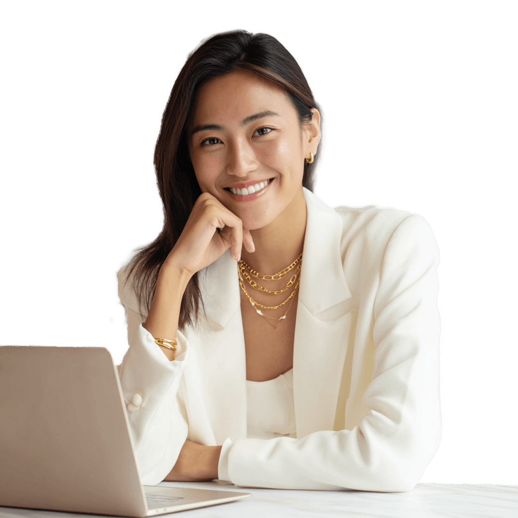 Smiling woman working on a laptop